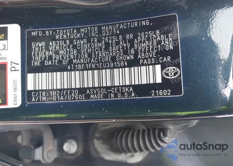 2014 Toyota Camry Se from USA, damaged, VIN 4T1BF1FK1EU391564